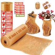 Honeycomb Packing Paper Roll with 30 Fragile Stickers – Eco-Friendly Honeycomb Packing Material for Moving, Shipping & Wrapping