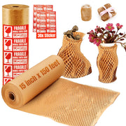 Honeycomb Packing Paper Roll with 30 Fragile Stickers – Eco-Friendly Honeycomb Packing Material for Moving, Shipping & Wrapping