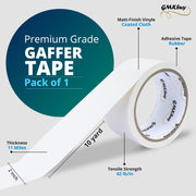GMKbuy 2 in x 10 Yd White Gaffers Tape – Heavy Duty, Non-Reflective, Easy to Tear, Waterproof Matte Gaffer Stage Tape – Gaff Cloth Tape for Photography, Filming Backdrop & Production
