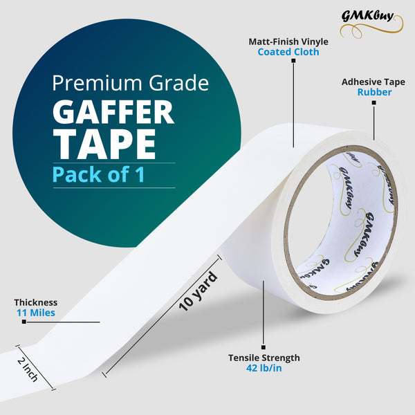 GMKbuy 2 in x 10 Yd White Gaffers Tape – Heavy Duty, Non-Reflective, Easy to Tear, Waterproof Matte Gaffer Stage Tape – Gaff Cloth Tape for Photography, Filming Backdrop & Production