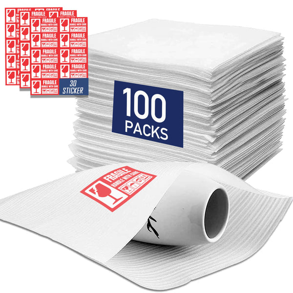 12x12”-100 Pack Cushion Foam Pouches for Packing Dishes + 30 Fragile Stickers – Moving Supplies for Dishes, Glassware & Fragile Items – Protective Dish Packing Supplies for Moving, Storage & Shipping