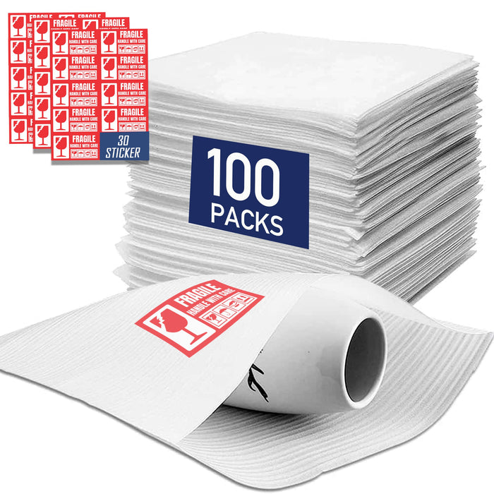 12x12”-100 Pack Cushion Foam Pouches for Packing Dishes + 30 Fragile Stickers – Moving Supplies for Dishes, Glassware & Fragile Items – Protective Dish Packing Supplies for Moving, Storage & Shipping