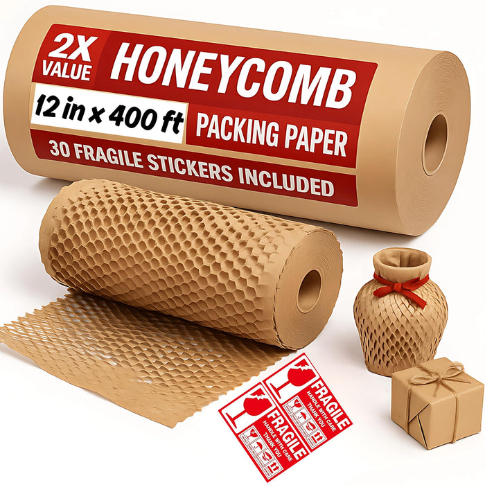 Honeycomb Packing Paper Roll with 30 Fragile Stickers – Eco-Friendly Honeycomb Packing Material for Moving, Shipping & Wrapping