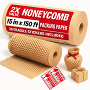 Honeycomb Packing Paper Roll with 30 Fragile Stickers – Eco-Friendly Honeycomb Packing Material for Moving, Shipping & Wrapping