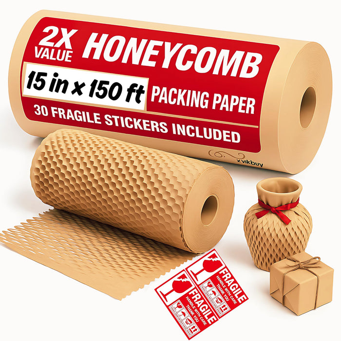 Honeycomb Packing Paper Roll with 30 Fragile Stickers – Eco-Friendly Honeycomb Packing Material for Moving, Shipping & Wrapping