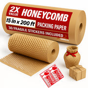 Honeycomb Packing Paper Roll with 30 Fragile Stickers – Eco-Friendly Honeycomb Packing Material for Moving, Shipping & Wrapping